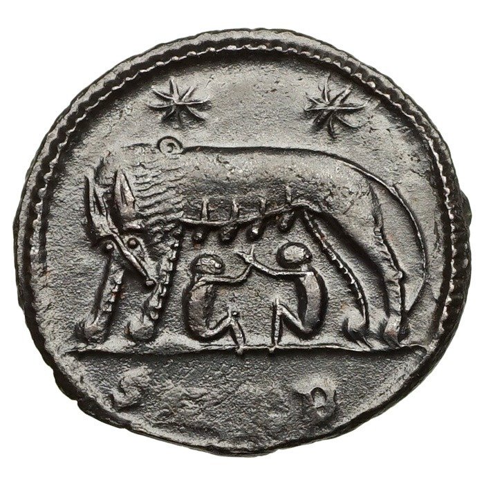 羅馬帝國 - AE Follis, URBS ROMA (~334-335) Cyzicus, Wölfin, Romulus und Remus