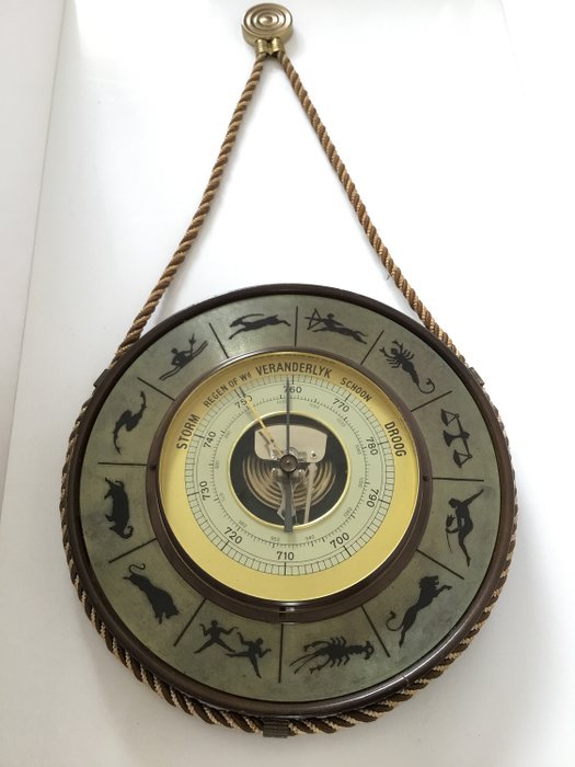 Raro barómetro grande con signo zodiacal y cordón dorado - Latón, Madera