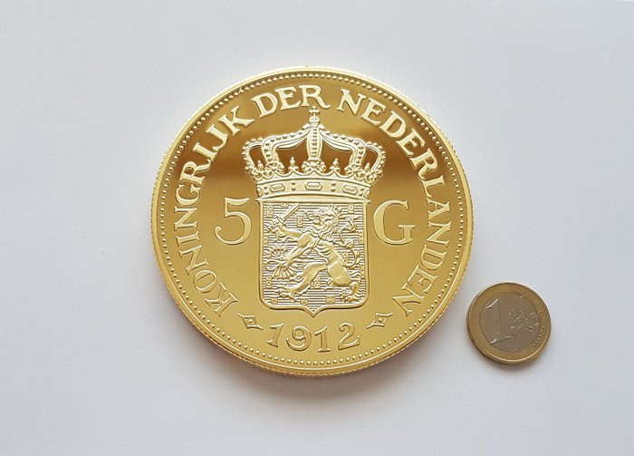 荷兰 - Penning - 5  Gulden 1912 Wilhelmina - Super Crown size - goud verguld - 黄铜色