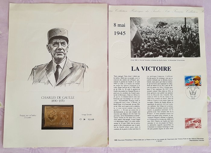Francia - Stamp on 23 karat beaten gold, Charles de Gaulle