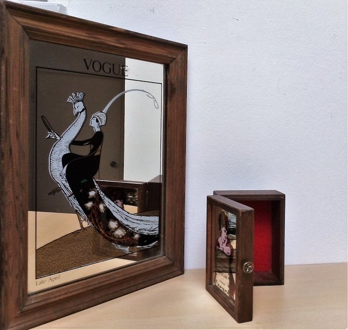 Miroir Vogue avec boîte à miroirs Hope's Promise (2) - Art nouveau - Miroir en bois, femme sur paon