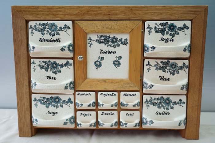 Spice rack with drawer in ceramic, Delft, - Stoneware, Wood
