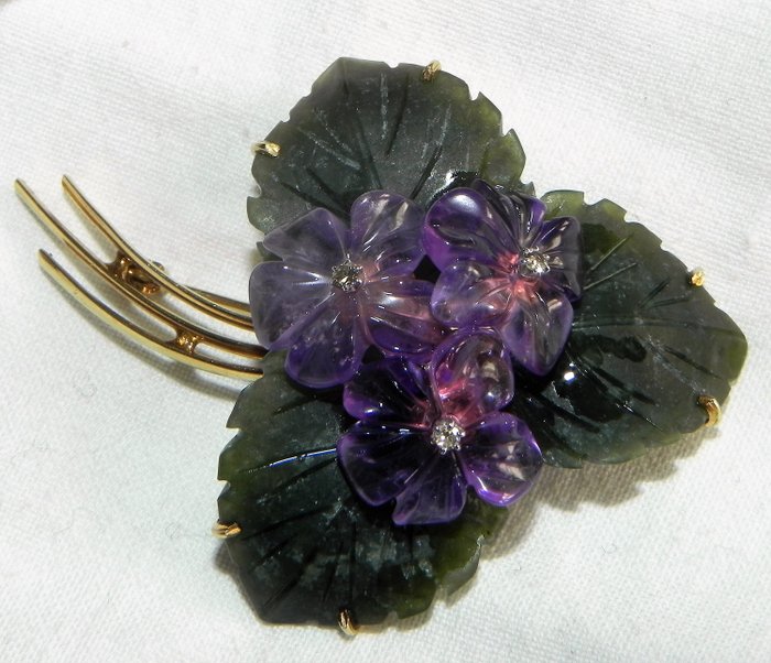 14 carati Oro - Spilla, Spilla bouquet viola di violette di giada ametista e diamanti in oro 585 Diamante