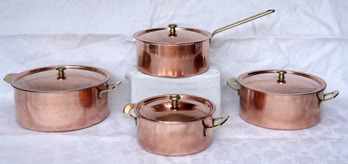 Four heavy Culinox Spring Switzerland copper pans with lid. - Copper