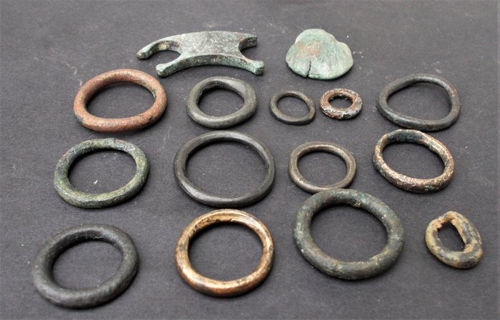 Celtyckie monety - 2 Vroeg-Romeinse Aes Formatum en 13 Keltische Ringgeld Munten, 6e/3e eeuw v. Chr.