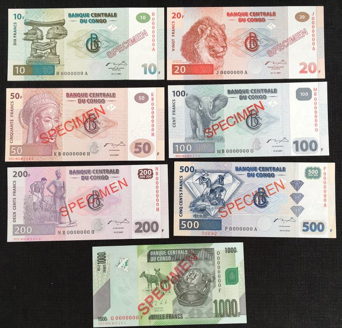 CONGO set 10 Pcs 10,20,50,100,200,500,1000,5000,10000,20000 Francs 1997-2013 UNC 