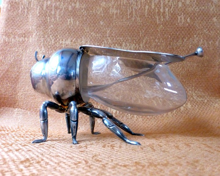 H.R.W. Fink - 蜂蜜罐 - 镀银蜂与玻璃罐和勺子 - 玻璃, 银盘