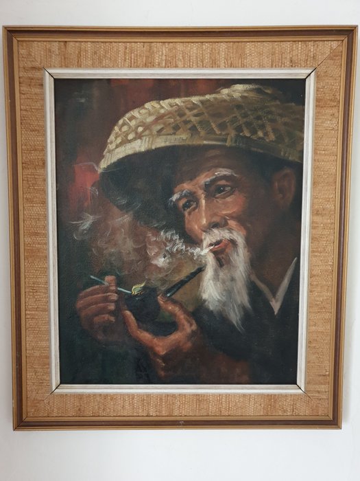 Målning tillskrivas Wahso Chan (1911-1937) - Olja ombord - Porträtt orientalisk man med rör - Kina / USA - Första halvan av 1900-talet