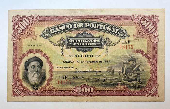 葡萄牙 - 500 Escudos 1922 - Emissão Banco de Portugal - Rara - Pick 130