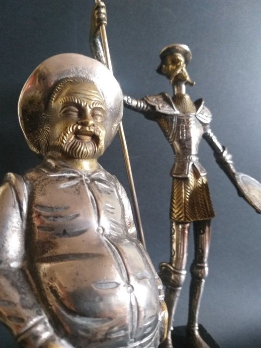 Dom Quixote e Sancho Pança 20 anos (2) - .600 prata, Bronze patinado, Bronze prateado, Marble - Espanha - Início do século XX