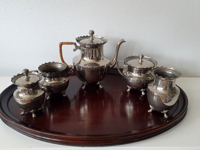 Rio Tiel 1918 - Jogo de chá Art Nouveau de 5 partes com bandeja de mogno - Estanho de prata