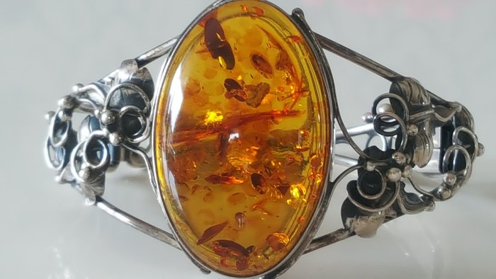 925 Argent - Bracelet ancien Art Nouveau avec ambre de Baltikum / Naturel ambre