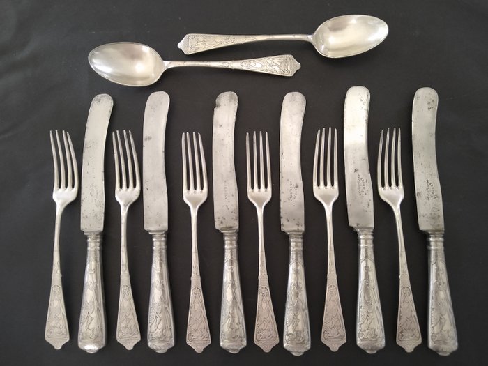 Gebrüder Noelle / Lüdenscheid - um 1890 - 罕见的14件式镀银新艺术风格餐具系列“Chinoise”