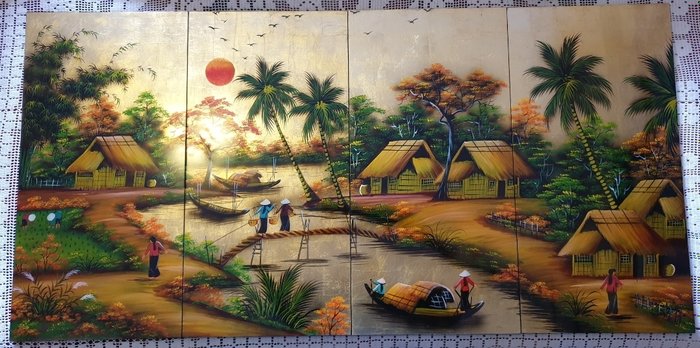 Lak schilderij (1) - Lak en bladgoud - Vietnam - Eind 20e eeuw