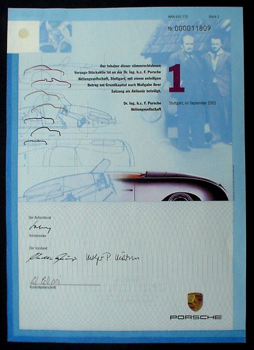 Porsche Stock Certificate Stuttgart 2001 - Document - Papier