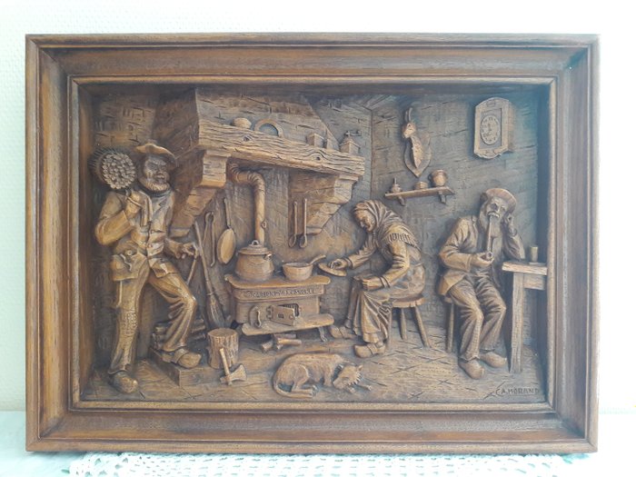A. Morand - Table in old woodcarving. Represents life on the farm - Wood