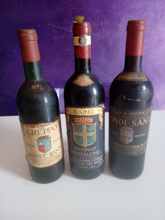 Lote mixto - 3 1980 Biondi Santi, 1986 Barbi Brunello di Montalcino, 1973 Il Greppo Vino da Tavola - Toscana - 3 Botellas (0,75 L)