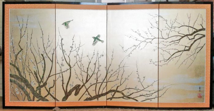 Folding screen - Drewno, Miedź, Papier - Een groot Japans kamerscherm met decor van vogels tussen bloeiende pruimentakken - Japonia - połowa XX wieku