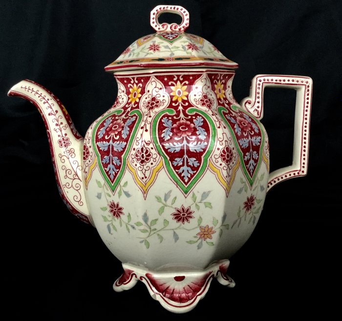 美麗的陶瓷咖啡或茶壺__ Sarreguemines“BEIJING U＆Cie” - 美麗的東方模型與美麗的圖案和溫暖的顏色