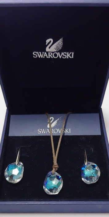 Swarovski - Necklace and Earrings Set (2) - Crystal, Rhodium, Interlaced Leather