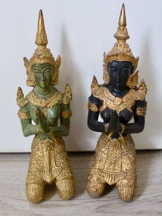 2个美丽的青铜寺庙卫兵 - 黄铜色 - 泰国 - 20世纪下半叶
