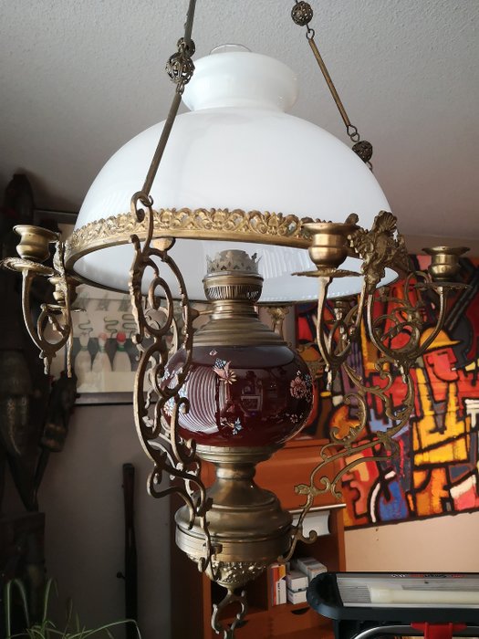 瓷油灯枝形吊灯 - 铜，瓷和乳白色