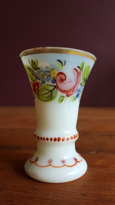 Antique 18th Century Milk Glasses / Opaline Cup / Vase Floral Decorations Handpainted | 18th century; | (1) - Glass, Milk glass / Opaline glass