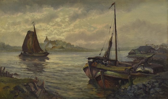 L. de Jong (20e eeuw) - Landschap met water en boten.
