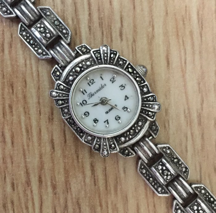 925 argint, cu marcasite - Ceas cu cuarț prețios, cu brățară "Thermidor", Paris