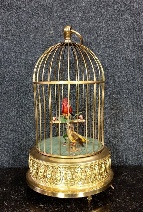 Pretty bird cage music box with automatons - bronze and golden brass - Second half 20th century