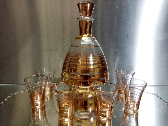 Laeken - 玻璃瓶配6杯 - 金畫裝飾技術。 - 玻璃