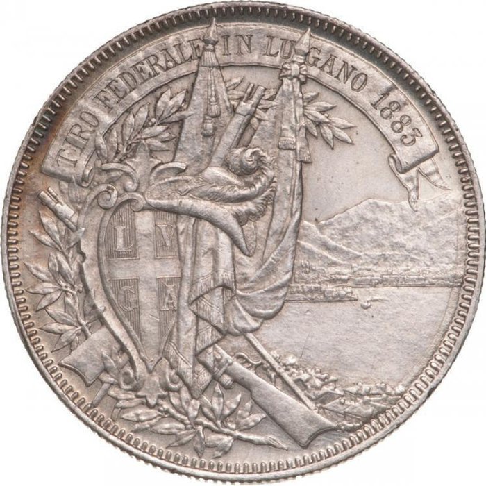 Suíça - 5 Francs  1883  "Tiro Federale" Lugano (R) - Prata