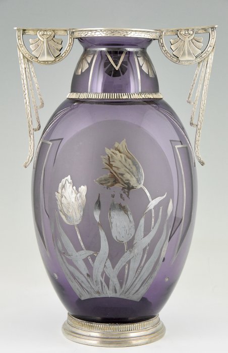 D'Argyl - Vase Art Deco en verre et métal argenté
