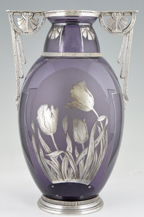 D'Argyl - Art Deco glass vase and silver-plated metal