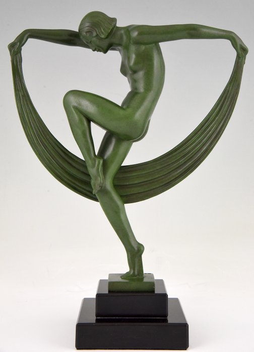 Denis - Max Le Verrier - 跳舞裸体的艺术装饰雕塑与面纱的