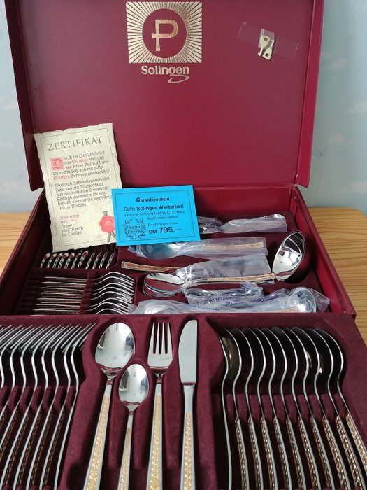  Solingen - New 12-person cutlery in luxury suitcase (72) - Stainless steel details 24 carat gold-plated
