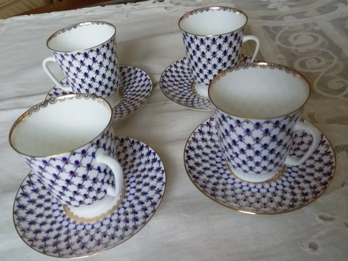 Lomonosov - 杯子和碟子 - 鈷網 (8) - 瓷器