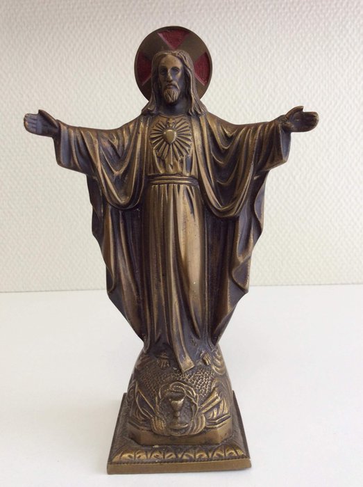 Antiek bronzen beeld Heilig Hart Jezus Christus  - Brons (verguld/verzilverd/gepatineerd/koud geschilderd)