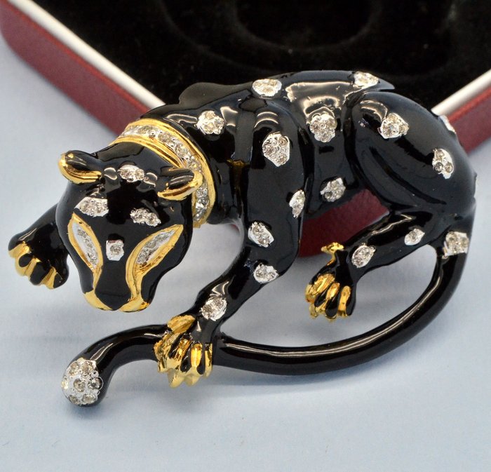Vogue Bijoux Italy Vintage Panther Black Enamel Crystal Gold Plated - Broche