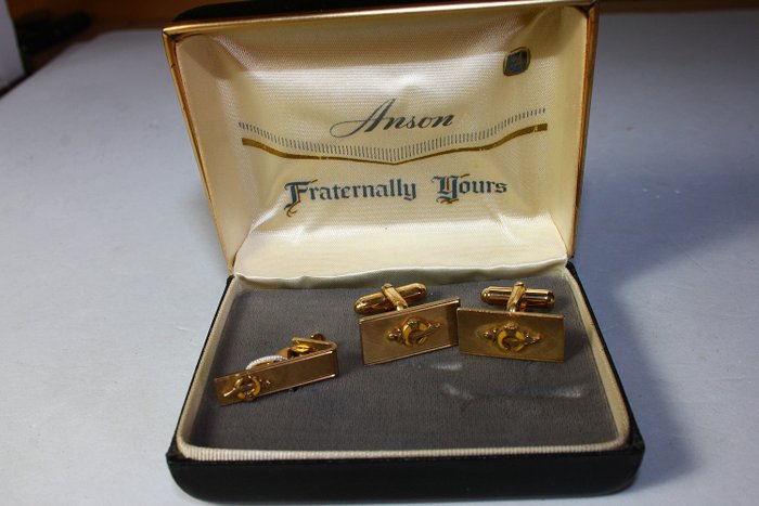 Anson - Boutons de manchette et épinglette maçon en or 12 carats fourrés des années 1950 - Rempli d'or 12 ct