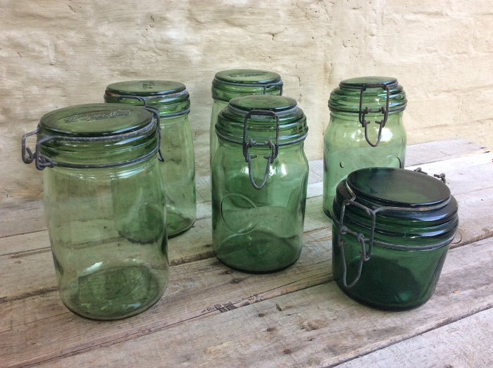 Conjunto de belos frascos de preservação raros - L’ideale e Durfor (6) - vidro verde velho
