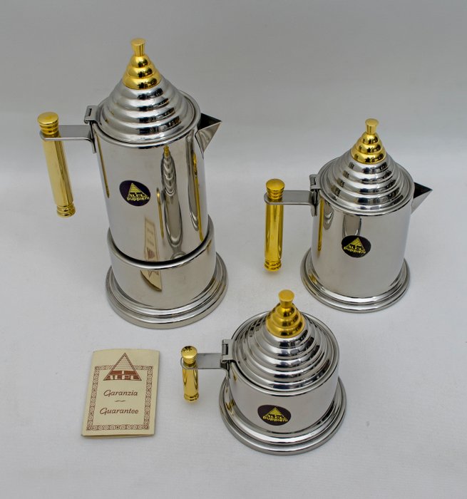 Alpu F.lli Puppieni - Coffee maker + milk jug + sugar bowl (3) - 18/10 stainless steel 24 Kt gold plating