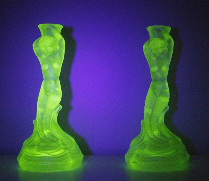Walter & Sohne - 2裸女美人魚燭台 - 鈾玻璃