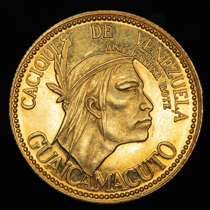 Venezuela - 1/2 cacique - Serie CACIQUES DE VENEZUELA GUAICAMACUTO. Inter-change Bank, Suiza (1957). (3,00 g. 0.900)  - Gold