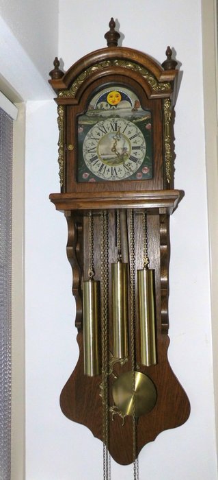 Amsterdamski zegar z ogonem WESTMINSTER z fazą księżyca - dąb miedź szkło brąz - 1950-1960