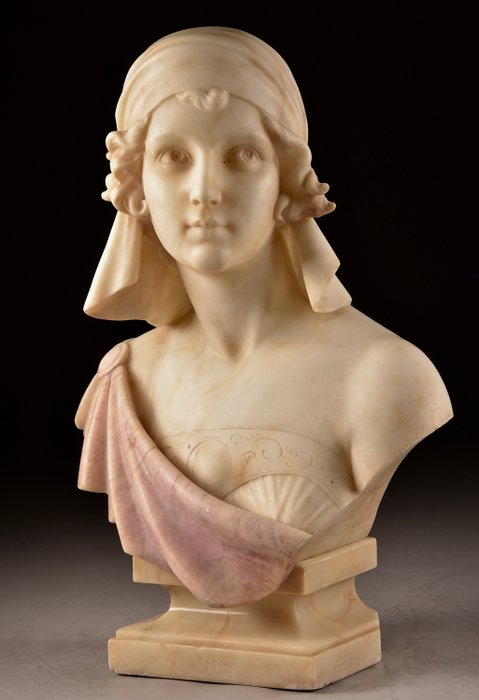 Adolfo Cipriani ( ca. 1880-1930) - Busto de mármol / alabastro de una mujer joven (1)