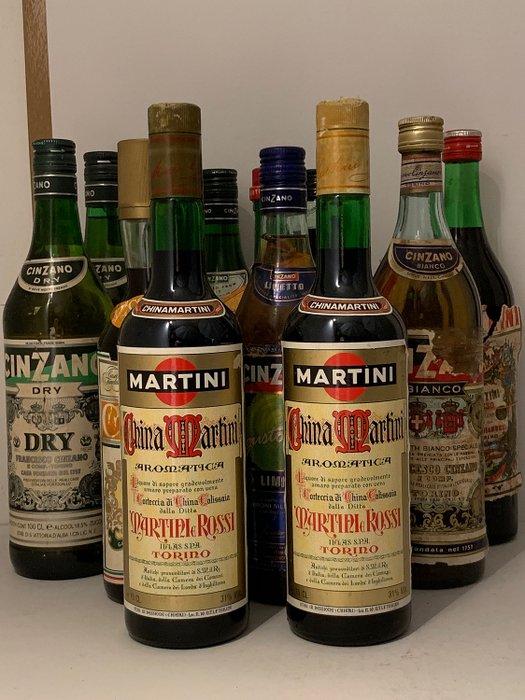 Martini, Cinzano, Cora, Branca Menta - b. 1980er Jahre, 1990er Jahre - 0,75 Liter, 1,0 l - 12 flaschen