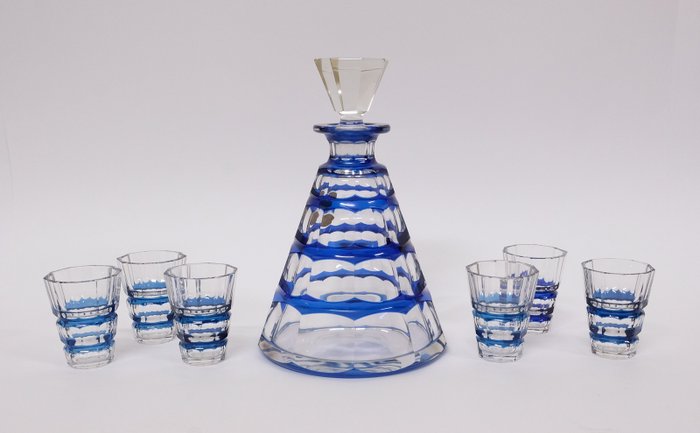 Conjunto de licores de cristal Art Deco Val Saint Lambert em cristal azul (7) - Cristal
