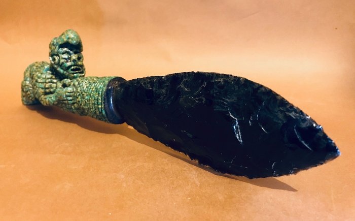 SACRIFICIAL KNIFE - Obsidian, Turquoise - Hand Carved Replica - AZTEC - Mexico 