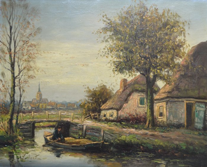 W. van Oort (20e eeuw) - Hollands landschap met riviertje
